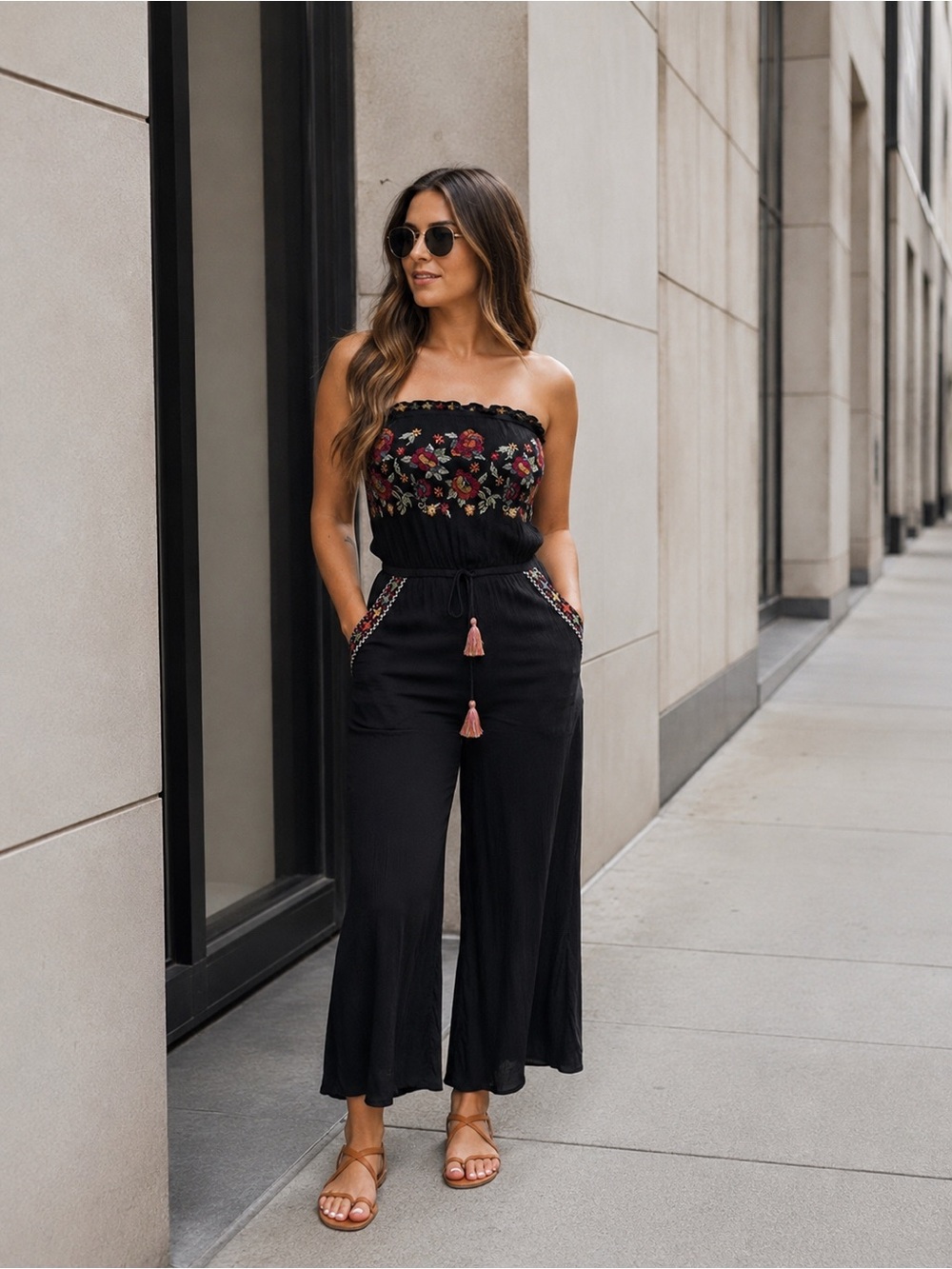 American Eagle Boho Embroidered Strapless Jumpsuit Black Size S